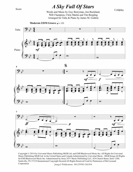 Free Sheet Music Coldplay A Sky Full Of Stars For Tuba Piano