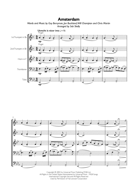 Coldplay Amsterdam For Brass Quintet Sheet Music