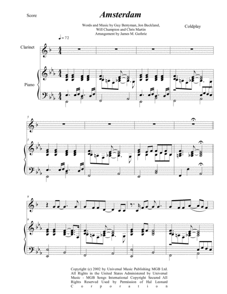 Coldplay Amsterdam For Clarinet Piano Sheet Music