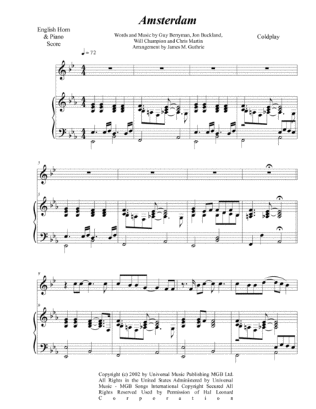 Coldplay Amsterdam For English Horn Piano Sheet Music