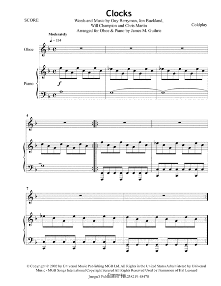 Coldplay Clocks For Oboe Piano Sheet Music