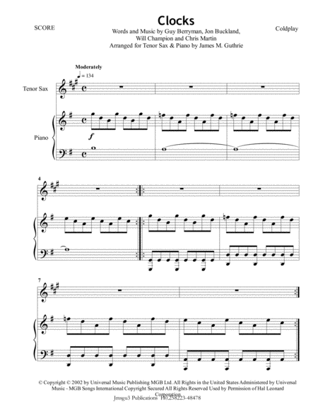 Free Sheet Music Coldplay Clocks For Tenor Sax Piano