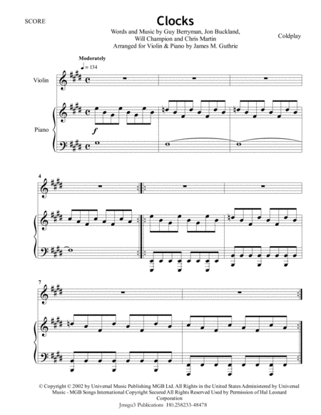 Free Sheet Music Coldplay Clocks For Violin Piano