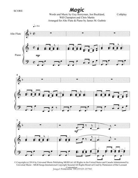 Free Sheet Music Coldplay Magic For Alto Flute Piano