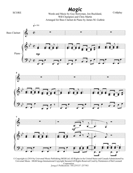 Coldplay Magic For Bass Clarinet Piano Sheet Music