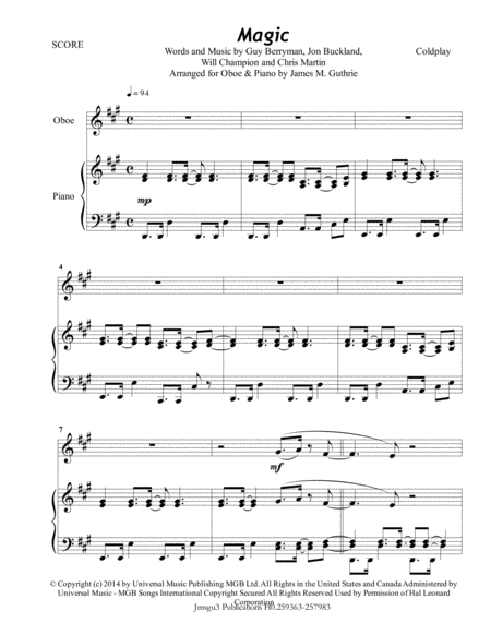 Coldplay Magic For Oboe Piano Sheet Music