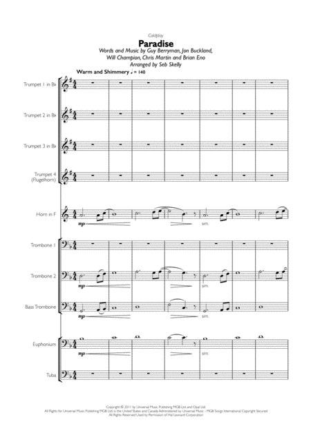 Coldplay Paradise For Brass Dectet Sheet Music