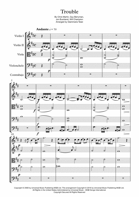 Coldplay Trouble For Strings String Quintet Of String Orchestra Sheet Music