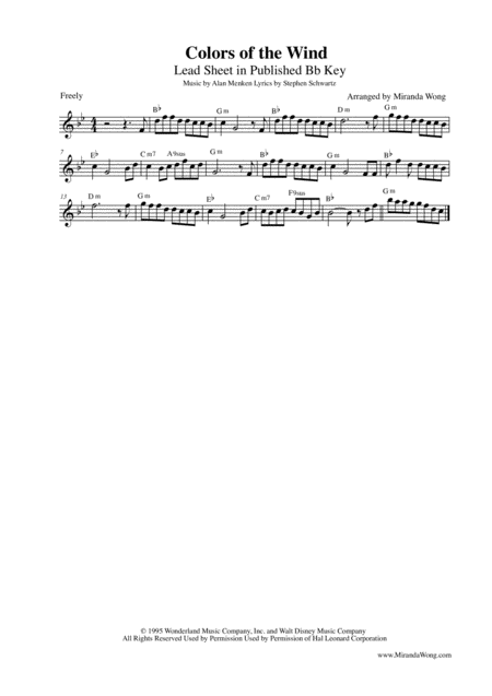 Colors Of The Wind Lead Sheet In Published Bb Key With Chords Sheet Music