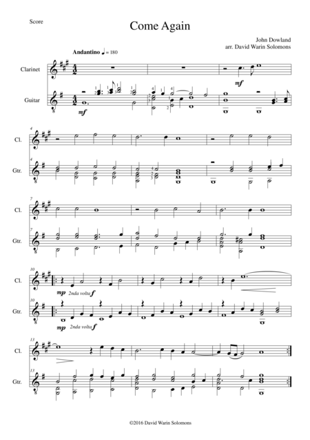 Come Again For Clarinet And Guitar Sheet Music