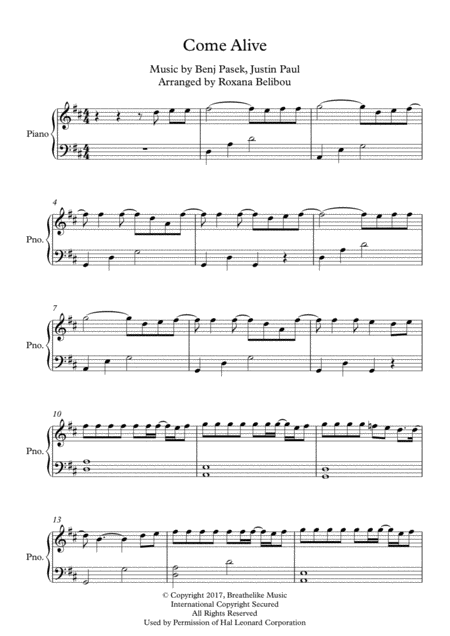 Come Alive From The Greatest Showman Easy Piano Sheet Music