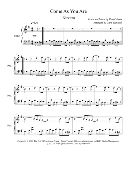 Free Sheet Music Come As You Are Piano Solo