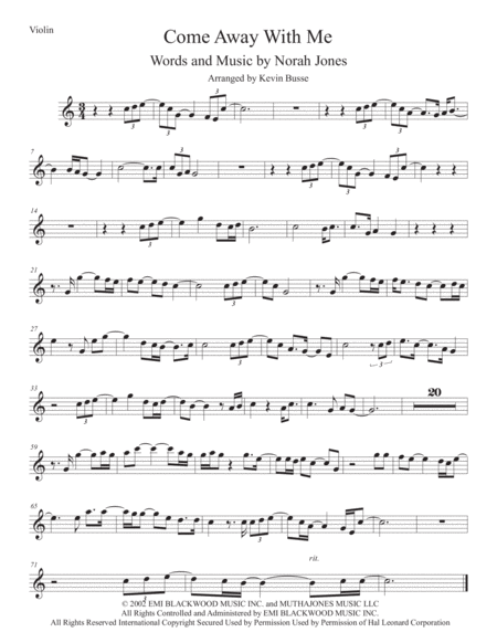 Come Away With Me Original Key Violin Sheet Music