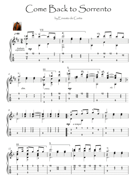 Free Sheet Music Come Back To Sorrento Guitar Fingerstyle Solo