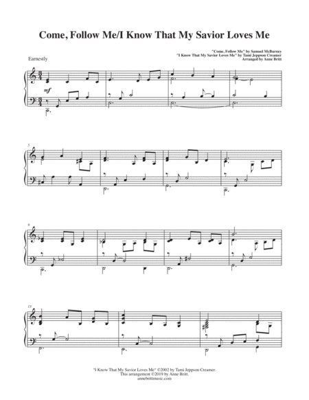 Free Sheet Music Come Follow Me I Know That My Savior Loves Me Piano Solo