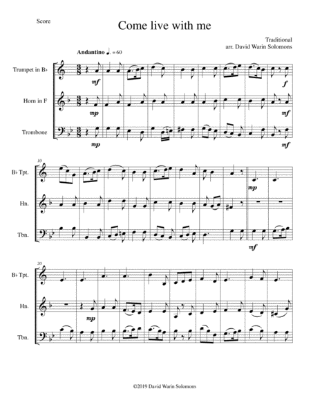 Free Sheet Music Come Live With Me For Brass Trio Trumpet Horn Trombone