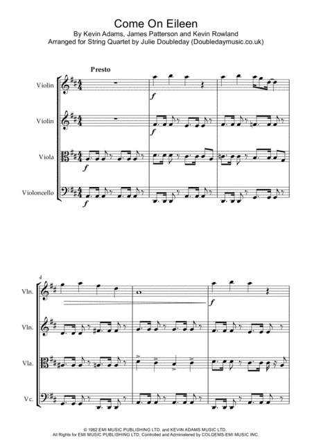 Free Sheet Music Come On Eileen For String Quartet Score And Parts