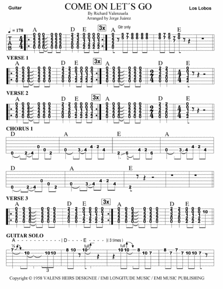 Come On Lets Go Guitar Tab Sheet Music