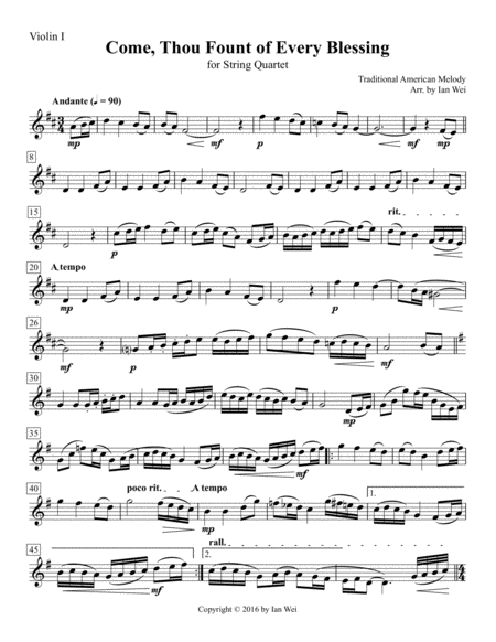 Come Thou Fount Of Every Blessing For String Quartet Sheet Music