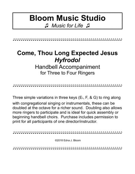 Free Sheet Music Come Thou Long Expected Jesus Handbell Accompaniment For 3 4 Ringers