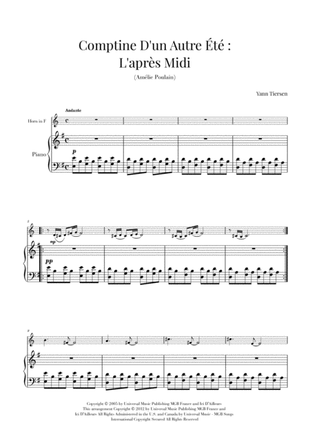 Comptine D Un Autret L Aprs Midi Yann Tiersen French Horn And Piano Sheet Music