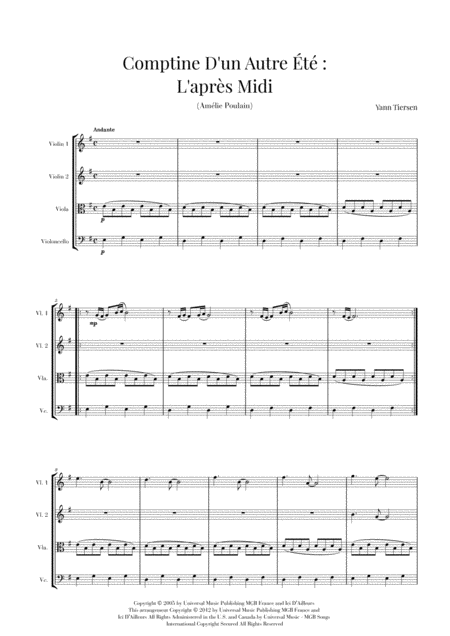 Comptine D Un Autret L Aprs Midi Yann Tiersen String Quartet Sheet Music