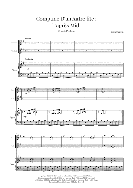 Comptine D Un Autret L Aprs Midi Yann Tiersen Trio Two Violins And Piano Intermediate Sheet Music
