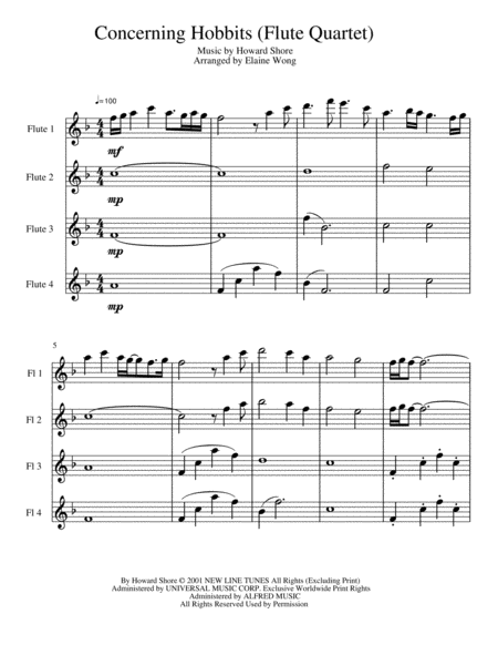 Free Sheet Music Concerning Hobbits Flute Quartet
