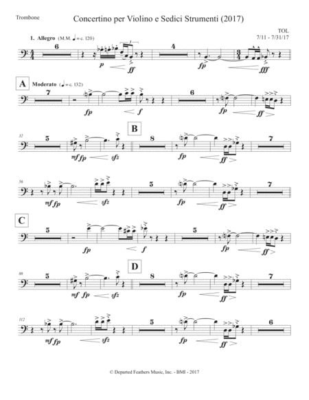 Concertino Per Violino E Sedici Strumenti 2017 Tenor Trombone Part Sheet Music