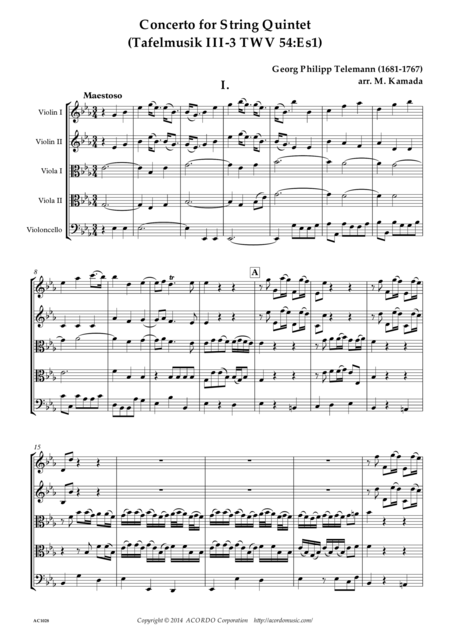 Free Sheet Music Concerto For String Quintet Tafelmusik Iii 3 Twv 54 Es1
