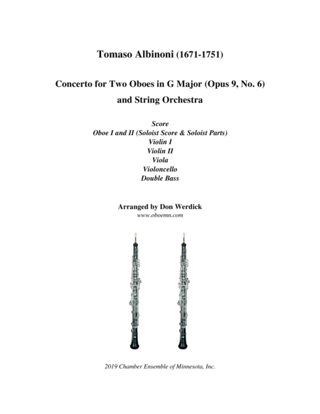 Concerto For Two Oboes In G Major Op 9 No 6 And String Orchestra Sheet Music