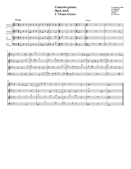 Concerto Grosso Op 6 No 8 Christmas Concerto Arrangement For 4 Recorders Sheet Music