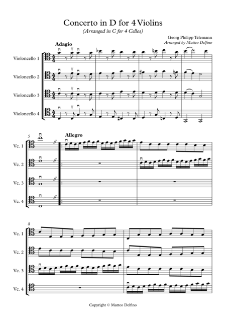 Free Sheet Music Concerto In D For 4 Violins Arranged In C For Cello Quartet