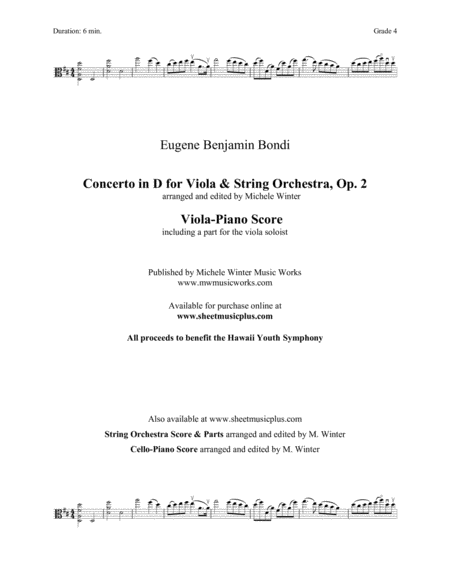 Concerto In D For Viola And String Orchestra Op 2 Viola Piano Score Sheet Music