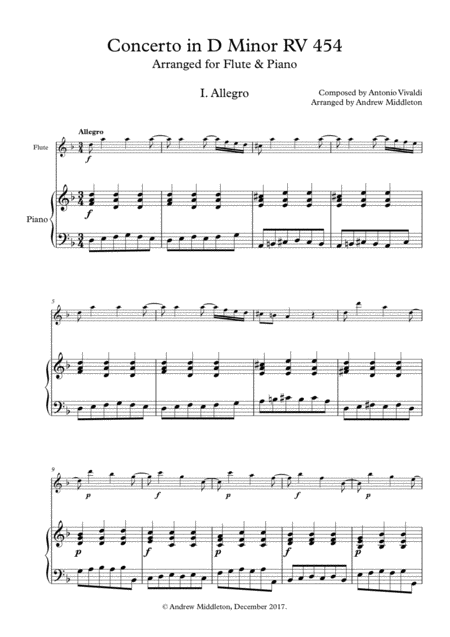 Concerto In D Minor Rv 454 For Flute And Piano Sheet Music