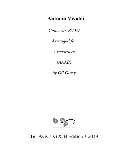 Concerto Rv 99 Arrangement For 4 Recorders Sheet Music