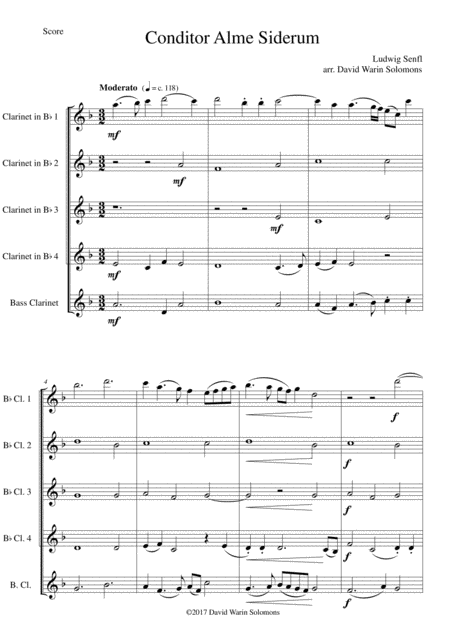 Conditor Alme Siderum Creator Of The Stars Of Night For Clarinet Quintet 4 X B Fl 1 Bass Sheet Music