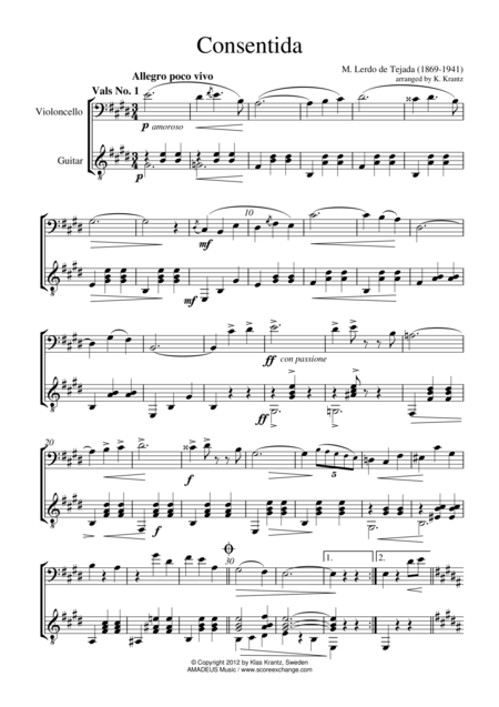 Consentida Mexican Waltz For Cello And Guitar Sheet Music