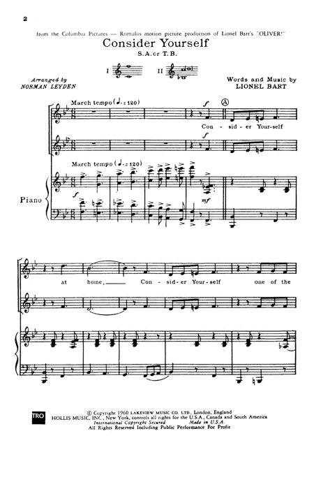 Free Sheet Music Consider Yourself From Oliver Arr Norman Leyden