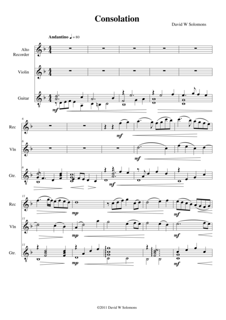 Consolation For Alto Recorder Violin And Guitar Sheet Music