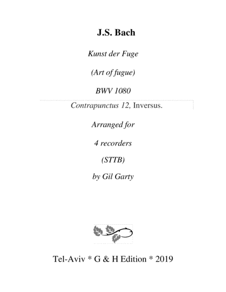 Contrapunctus 12 Inversus From Art Of Fugue Bwv 1080 Arrangement For Recorders Sheet Music