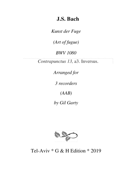 Contrapunctus 13 Inversus From Art Of Fugue Bwv 1080 Arrangement For Recorders Sheet Music