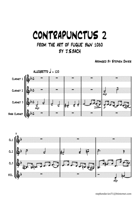 Contrapunctus 2 By Js Bach Bwv 1080 From The Art Of The Fugue For Clarinet Quartet Sheet Music