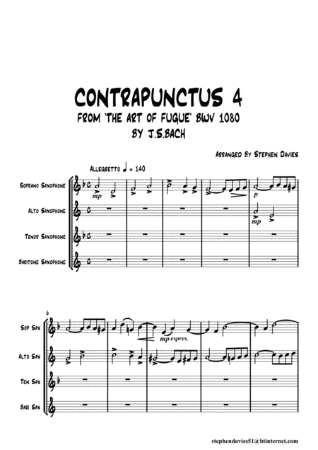 Contrapunctus 4 By Js Bach Bwv 1080 From The Art Of The Fugue For Saxophone Quartet Sheet Music