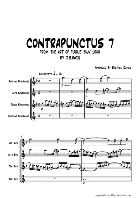 Contrapunctus 7 By Js Bach Bwv 1080 From The Art Of The Fugue For Saxophone Quartet Sheet Music