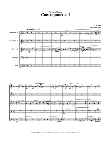 Contrapunctus I From The Art Of Fugue For Brass Quintet Sheet Music