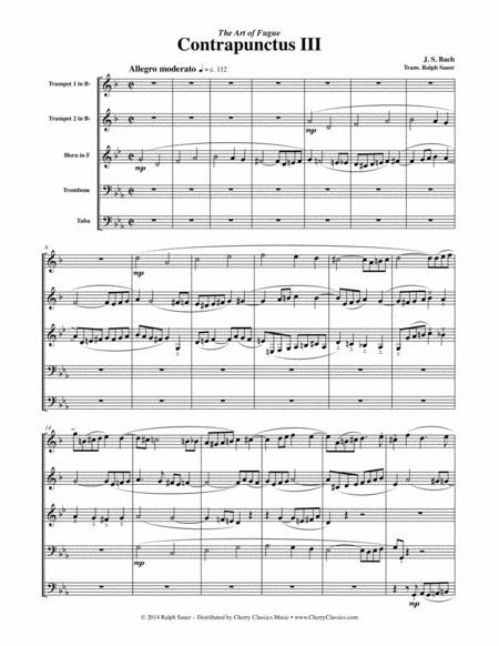 Contrapunctus Iii From The Art Of Fugue For Brass Quintet Sheet Music