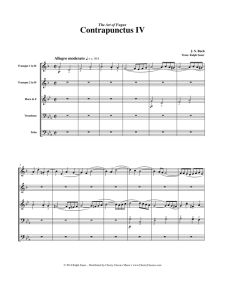 Free Sheet Music Contrapunctus Iv From The Art Of Fugue For Brass Quintet