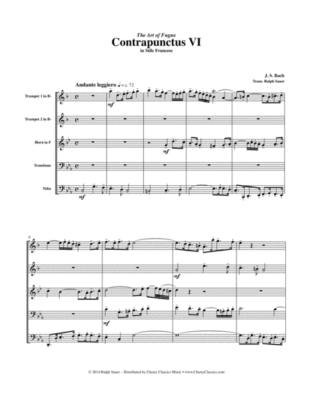 Contrapunctus Vi From The Art Of Fugue For Brass Quintet Sheet Music