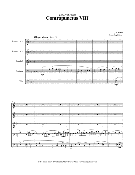 Free Sheet Music Contrapunctus Viii From The Art Of Fugue For Brass Quintet